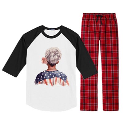 African American Messy Bun Old Lady USA Flag Flowers Raglan Sleeve Pajama Set