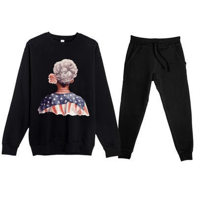 African American Messy Bun Old Lady USA Flag Flowers Premium Crewneck Sweatsuit Set