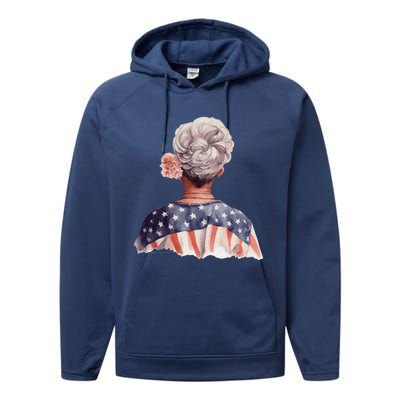 African American Messy Bun Old Lady USA Flag Flowers Performance Fleece Hoodie