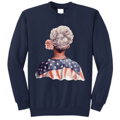 African American Messy Bun Old Lady USA Flag Flowers Tall Sweatshirt