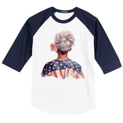 African American Messy Bun Old Lady USA Flag Flowers Baseball Sleeve Shirt