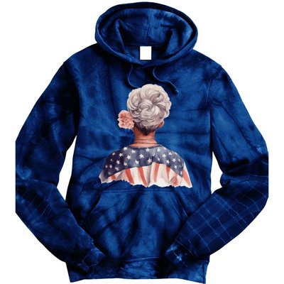 African American Messy Bun Old Lady USA Flag Flowers Tie Dye Hoodie