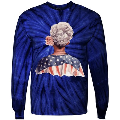 African American Messy Bun Old Lady USA Flag Flowers Tie-Dye Long Sleeve Shirt