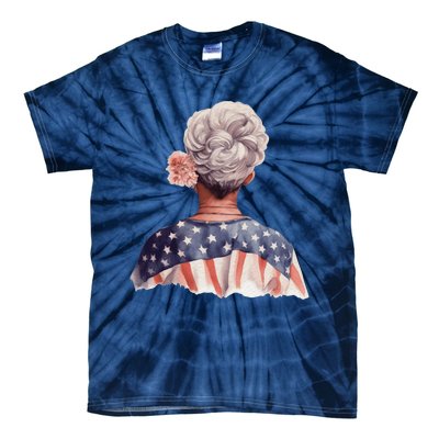 African American Messy Bun Old Lady USA Flag Flowers Tie-Dye T-Shirt