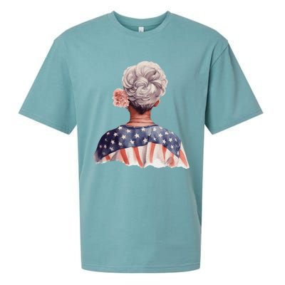 African American Messy Bun Old Lady USA Flag Flowers Sueded Cloud Jersey T-Shirt