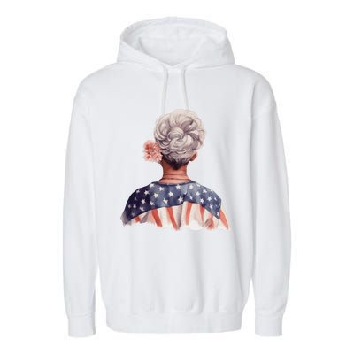 African American Messy Bun Old Lady USA Flag Flowers Garment-Dyed Fleece Hoodie