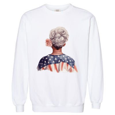 African American Messy Bun Old Lady USA Flag Flowers Garment-Dyed Sweatshirt