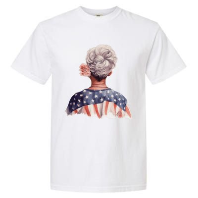 African American Messy Bun Old Lady USA Flag Flowers Garment-Dyed Heavyweight T-Shirt