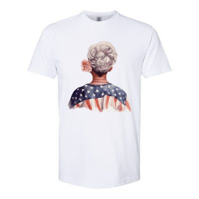 African American Messy Bun Old Lady USA Flag Flowers Softstyle CVC T-Shirt