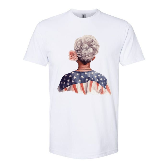 African American Messy Bun Old Lady USA Flag Flowers Softstyle CVC T-Shirt