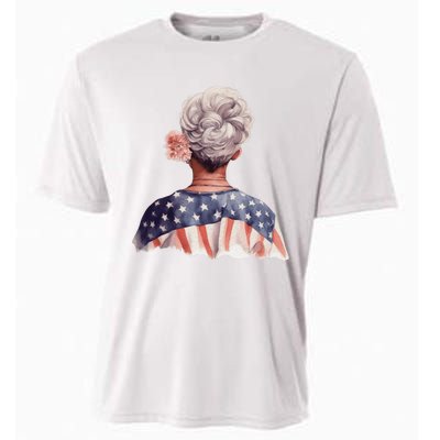 African American Messy Bun Old Lady USA Flag Flowers Cooling Performance Crew T-Shirt