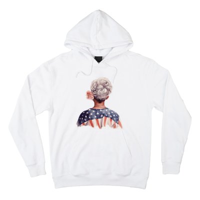 African American Messy Bun Old Lady USA Flag Flowers Hoodie