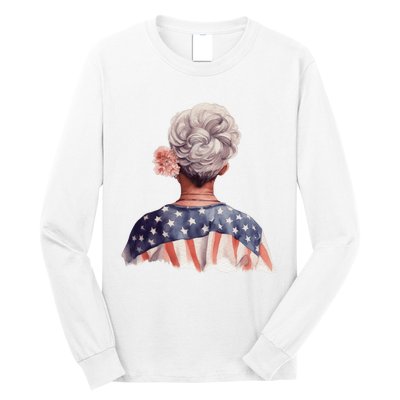 African American Messy Bun Old Lady USA Flag Flowers Long Sleeve Shirt