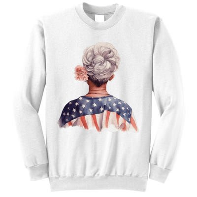 African American Messy Bun Old Lady USA Flag Flowers Sweatshirt