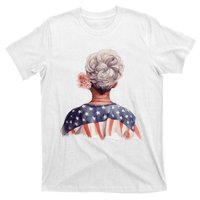 African American Messy Bun Old Lady USA Flag Flowers T-Shirt