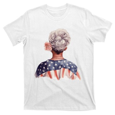 African American Messy Bun Old Lady USA Flag Flowers T-Shirt