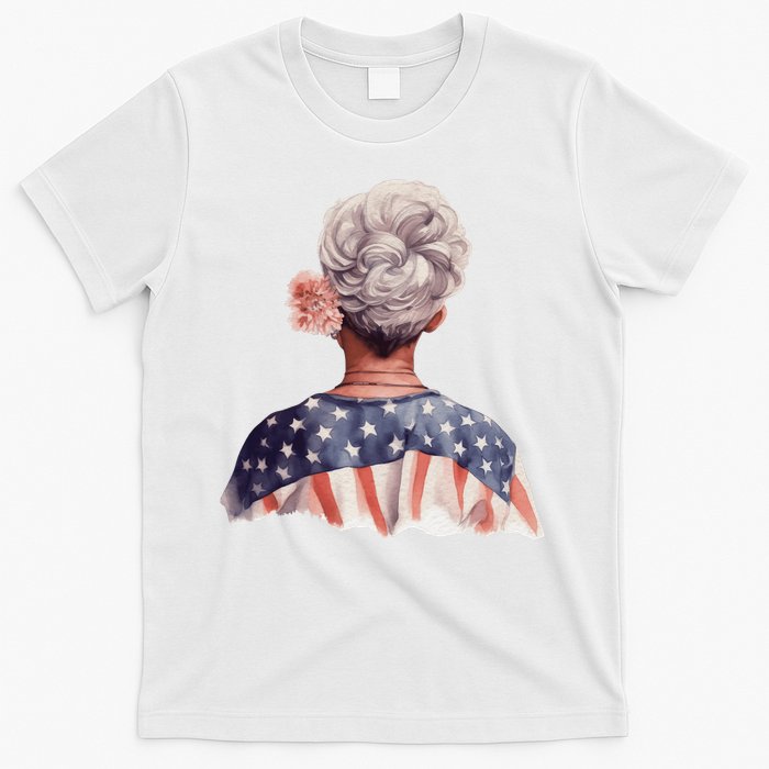 African American Messy Bun Old Lady USA Flag Flowers T-Shirt