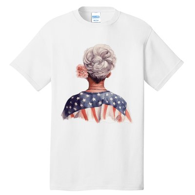 African American Messy Bun Old Lady USA Flag Flowers Tall T-Shirt