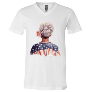 African American Messy Bun Old Lady USA Flag Flowers V-Neck T-Shirt