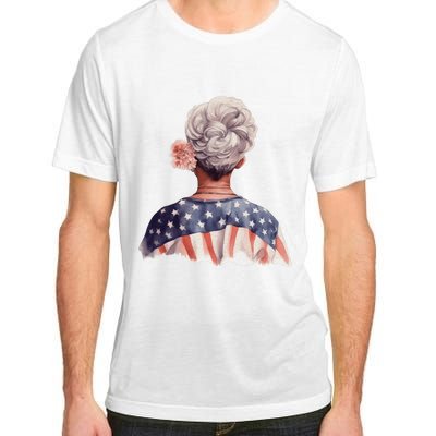 African American Messy Bun Old Lady USA Flag Flowers Adult ChromaSoft Performance T-Shirt