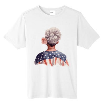 African American Messy Bun Old Lady USA Flag Flowers Tall Fusion ChromaSoft Performance T-Shirt