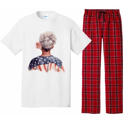 African American Messy Bun Old Lady USA Flag Flowers Pajama Set