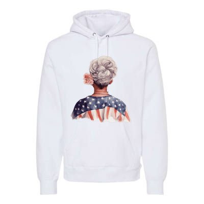 African American Messy Bun Old Lady USA Flag Flowers Premium Hoodie