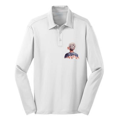 African American Messy Bun Old Lady USA Flag Flowers Silk Touch Performance Long Sleeve Polo