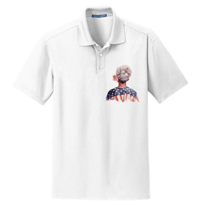 African American Messy Bun Old Lady USA Flag Flowers Dry Zone Grid Polo