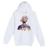 African American Messy Bun Old Lady USA Flag Flowers Premium Pullover Hoodie