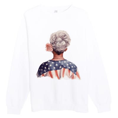 African American Messy Bun Old Lady USA Flag Flowers Premium Crewneck Sweatshirt