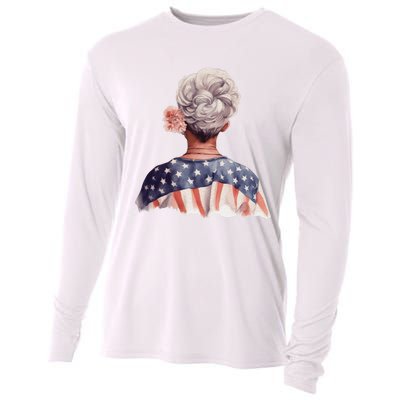 African American Messy Bun Old Lady USA Flag Flowers Cooling Performance Long Sleeve Crew