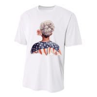 African American Messy Bun Old Lady USA Flag Flowers Performance Sprint T-Shirt