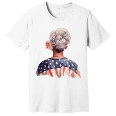 African American Messy Bun Old Lady USA Flag Flowers Premium T-Shirt