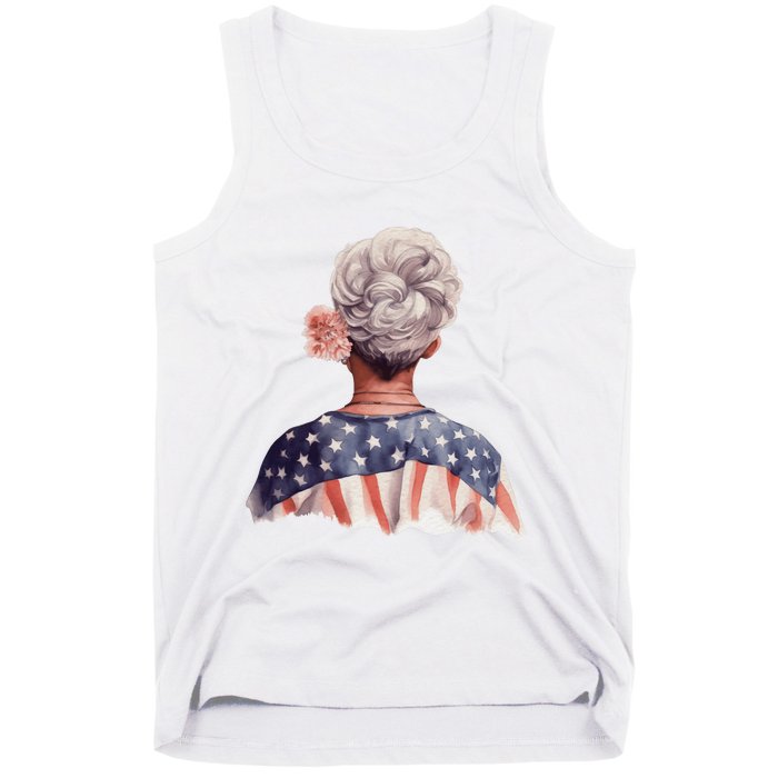 African American Messy Bun Old Lady USA Flag Flowers Tank Top