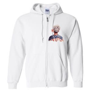 African American Messy Bun Old Lady USA Flag Flowers Full Zip Hoodie