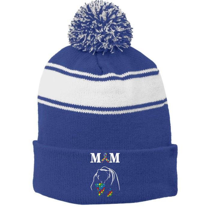 Autism Awareness Mom Proud Autistic Son Daughter Mama Bear Cool Gift Stripe Pom Pom Beanie