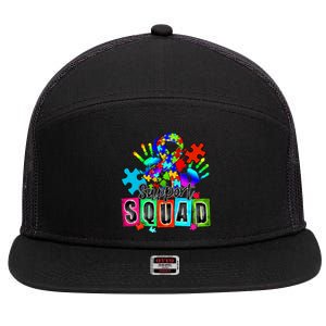 Autism Awareness Month Ribbon Support Squad 7 Panel Mesh Trucker Snapback Hat