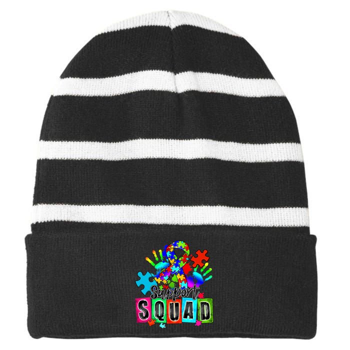 Autism Awareness Month Ribbon Support Squad Striped Beanie with Solid Band