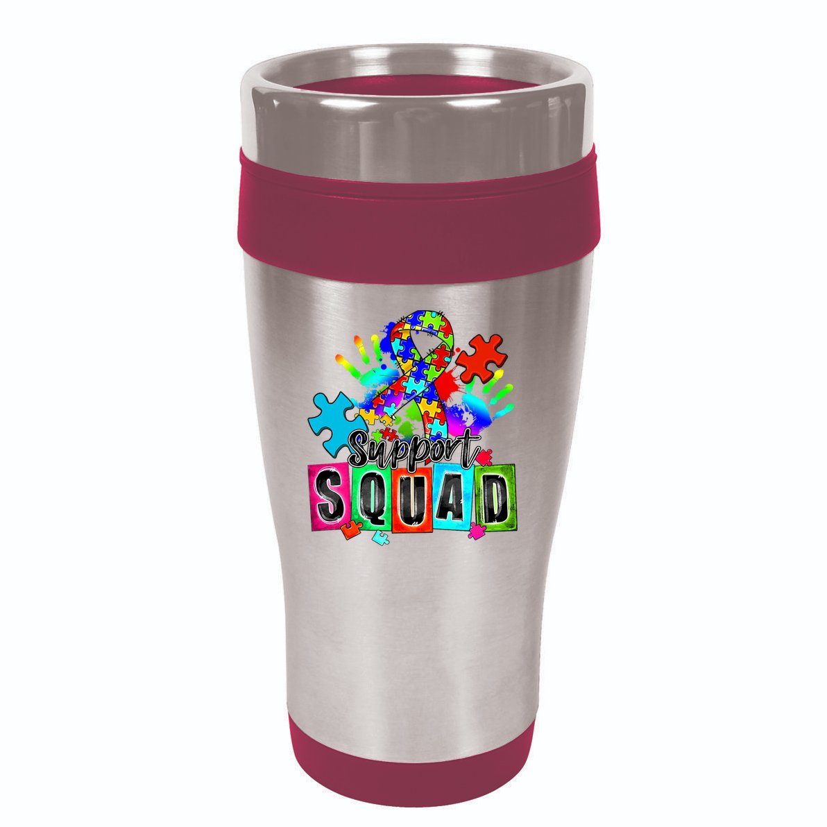 Autism Awareness Month Ribbon Support Squad 16oz Travel Tumbler