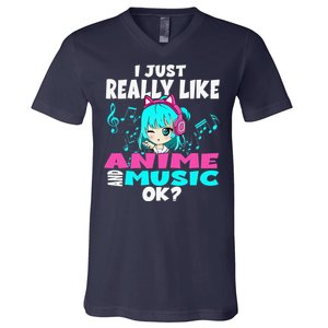 Anime And Music Kawaii Chibi Graphic Teen Anime Girl V-Neck T-Shirt