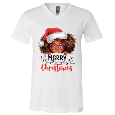 African American Merry Christmas African Black Women Girl V-Neck T-Shirt