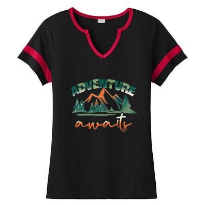 Adventure Awaits Mountains Outdoor Hiking Camping Gift Ladies Halftime Notch Neck Tee