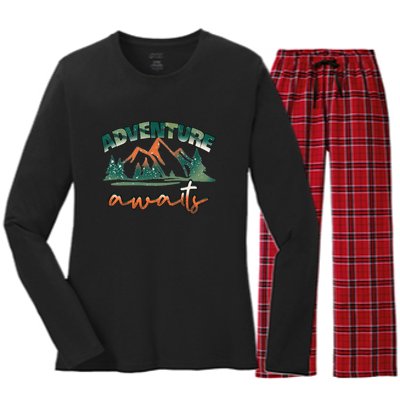 Adventure Awaits Mountains Outdoor Hiking Camping Gift Women's Long Sleeve Flannel Pajama Set 