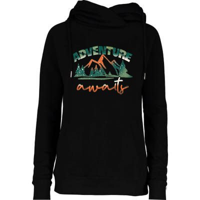 Adventure Awaits Mountains Outdoor Hiking Camping Gift Womens Funnel Neck Pullover Hood