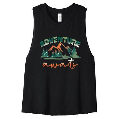 Adventure Awaits Mountains Outdoor Hiking Camping Gift Women's Racerback Cropped Tank