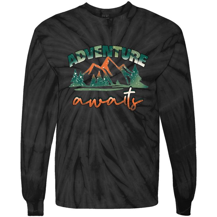 Adventure Awaits Mountains Outdoor Hiking Camping Gift Tie-Dye Long Sleeve Shirt