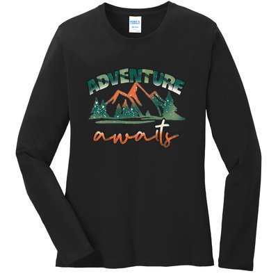 Adventure Awaits Mountains Outdoor Hiking Camping Gift Ladies Long Sleeve Shirt