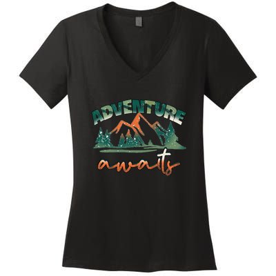 Adventure Awaits Mountains Outdoor Hiking Camping Gift Women's V-Neck T-Shirt