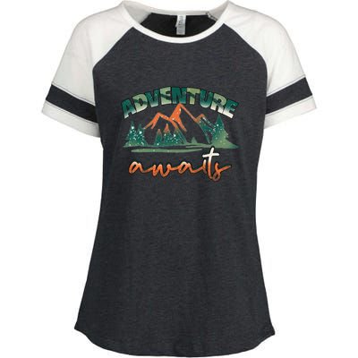 Adventure Awaits Mountains Outdoor Hiking Camping Gift Enza Ladies Jersey Colorblock Tee